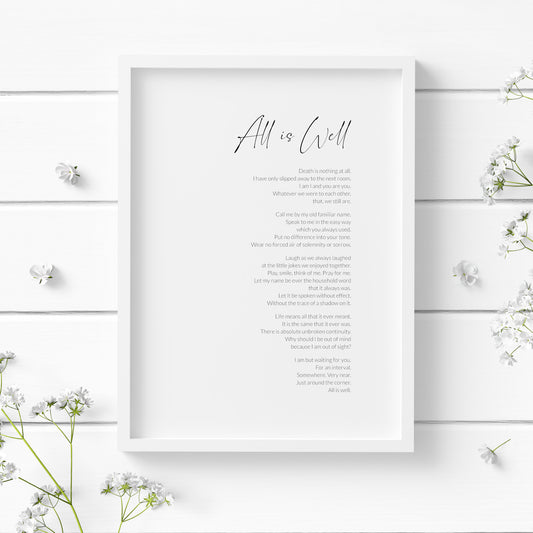 Single portrait typography print featuring the poem All Is Well by Henry Scott Holland. Title is in a modern script font, with the body text in a lightweight sans serif font. All text is right aligned and black on a white background. Styling is elegant and contemporary.