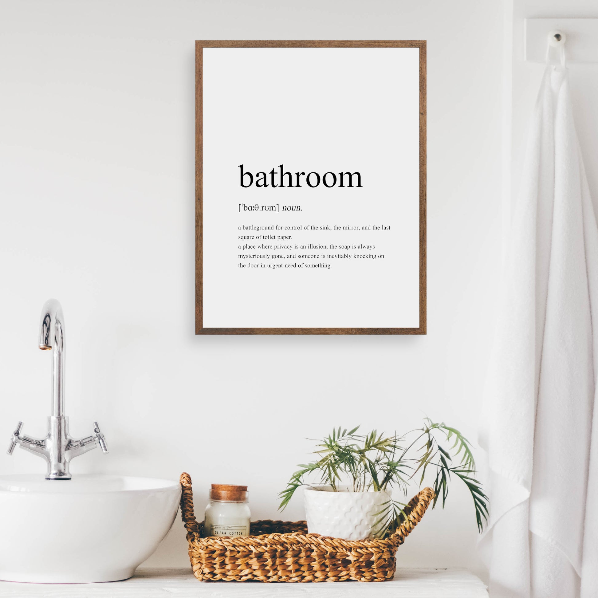Single portrait typography print featuring a dictionary-style definition of the word bathroom. The word itself, together with its phonetic pronunciation, type and definition are included. Text is in a lower case serif font, black on a white background and left-aligned.