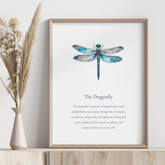Single portrait print featuring an illustration of a dragonfly. Text below describes its symbolism. Text is in a shade of blue, to complement the artwork, and in a formal serif font.