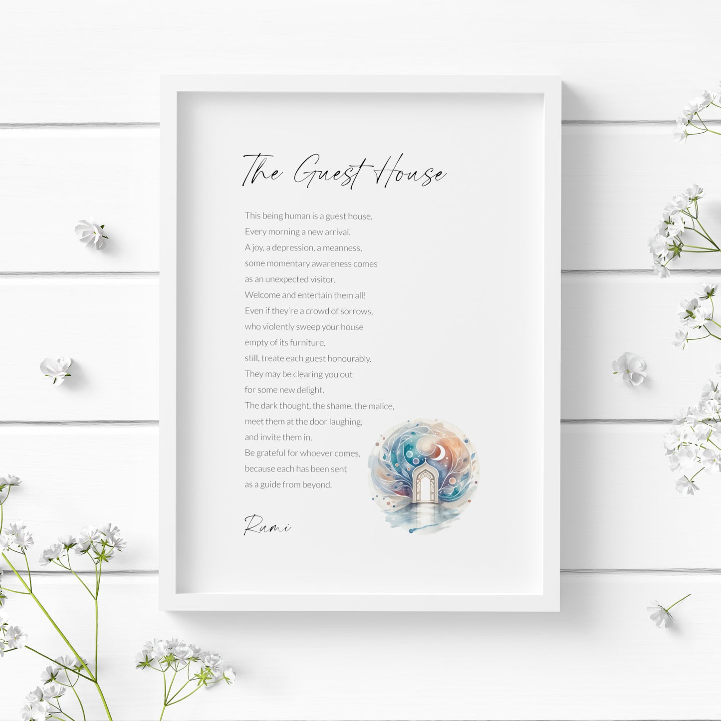 Single portrait typography print featuring the poem The Guest House by Rumi. Title and attribution are in a modern script font, with body copy in a crisp sans serif font. A small illustration of a traditional Persian temple completes the print, positioned to the bottom right of the text. Styling is contemporary and elegant.