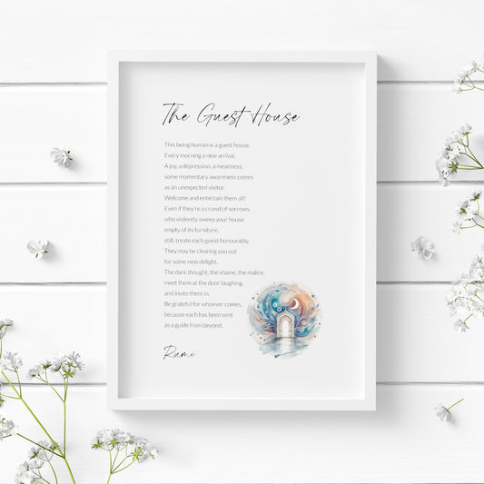 Single portrait typography print featuring the poem The Guest House by Rumi. Title and attribution are in a modern script font, with body copy in a crisp sans serif font. A small illustration of a traditional Persian temple completes the print, positioned to the bottom right of the text. Styling is contemporary and elegant.