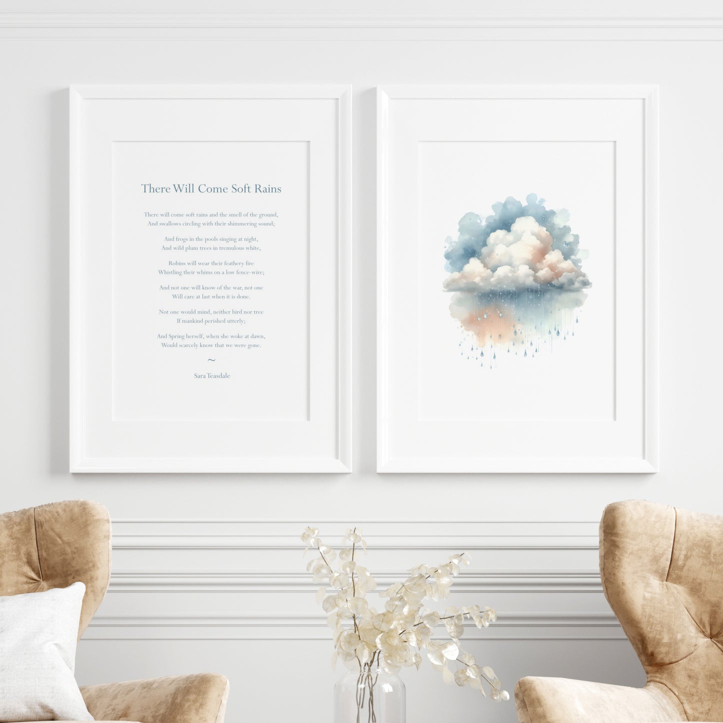 Set of 2 prints. Print 1 is a typography print of the poem There Will Come Soft Rains. Text is blue on a white background and in a formal serif font. Print 2 is an abstract representation of the poem featuring raincloud with gentle falling rain.
