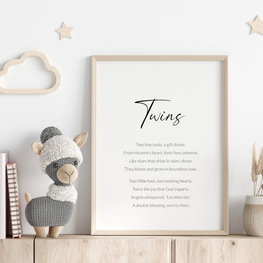 Single portrait typography print featuring a poem about Twins. The title is in a modern script font, with the body text in a lightweight sans serif font. All text is centre-aligned, black on a white background. Styling is elegant and minimalist.