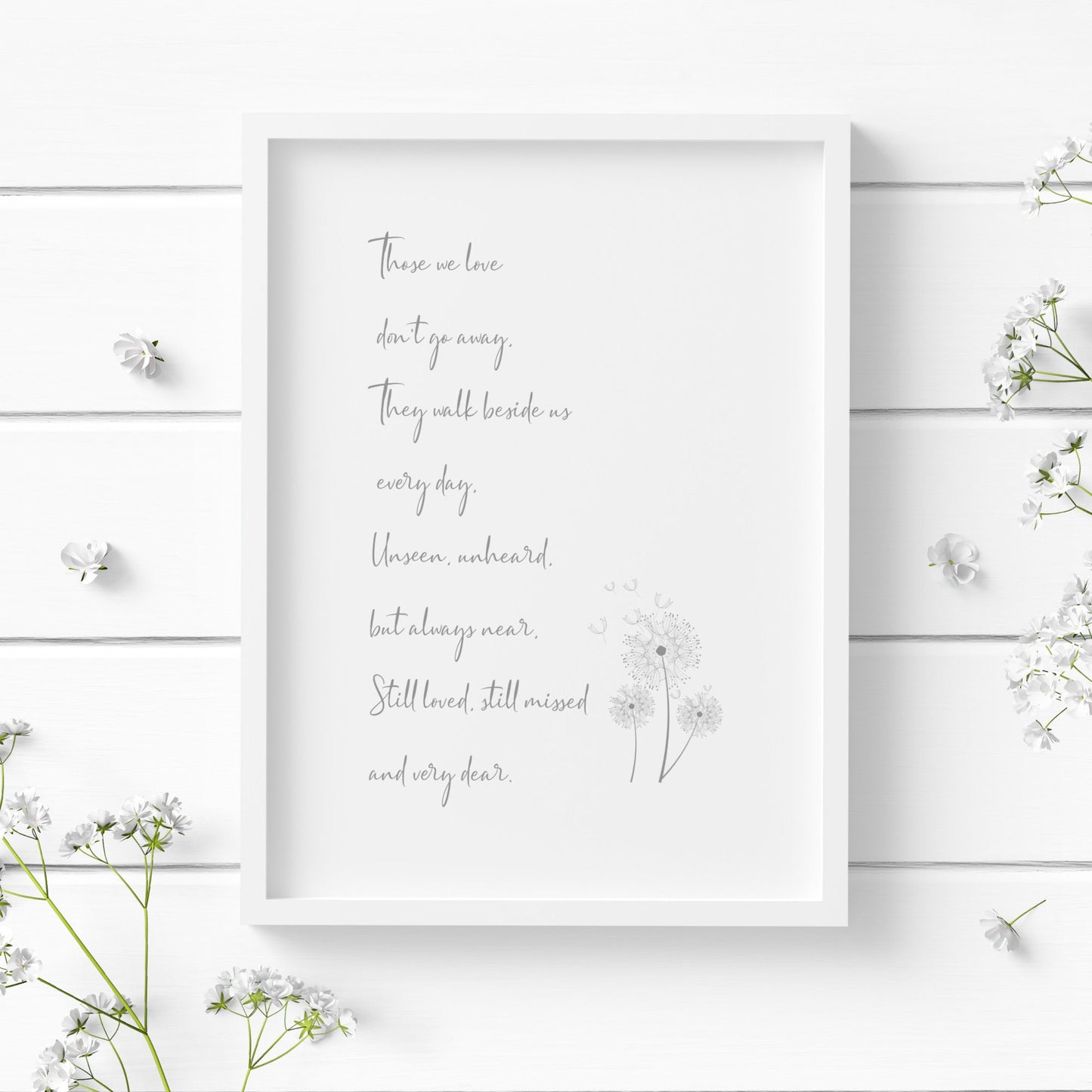 Single portrait typography print. Text reads: Those we love don't do away, they walk beside us every day, unseen, unheard, but always near, still loved, still missed and very dear. Text is in a modern grey script font, left aligned on a white background. There is a delicate illustration to the bottom right of the text, featuring a dandelion clock. Styling is elegant and contemporary.