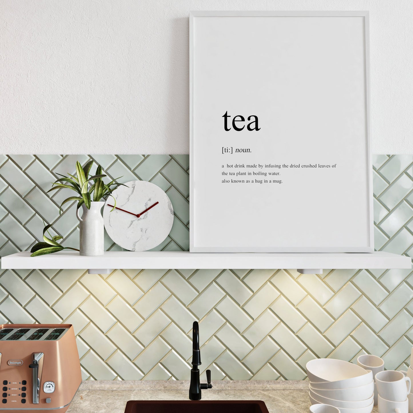 Single portrait typography print showing a humorous dictionary-style definition of the word "tea". The print is shown framed in a kitchen setting, although it is sold unframed.