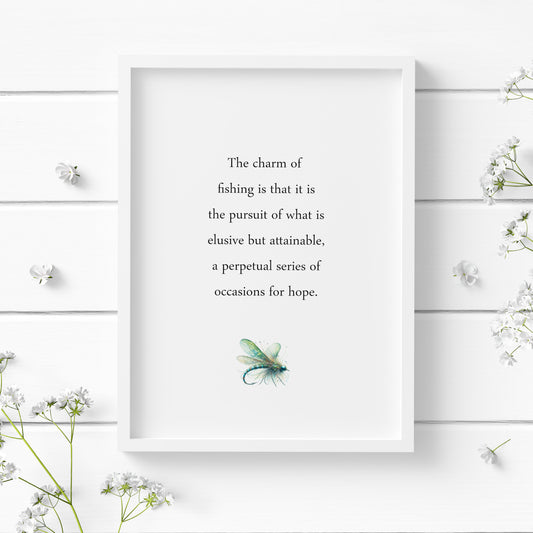 Single portrait typography print featuring a John Buchan quote about the charm of fishing. Text is black on a white background and in classic sentence case serif font. A delicate illustration of a fishing lure is positioned below in blues and greens.