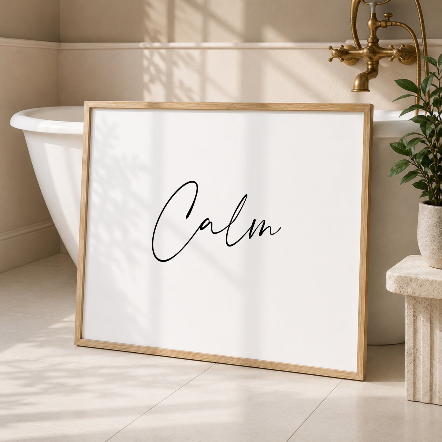 Single landscape print shown in a wooden frame in a bedroom setting. Black text on a white background sees the word "Calm" displayed prominently in an elegant script font.