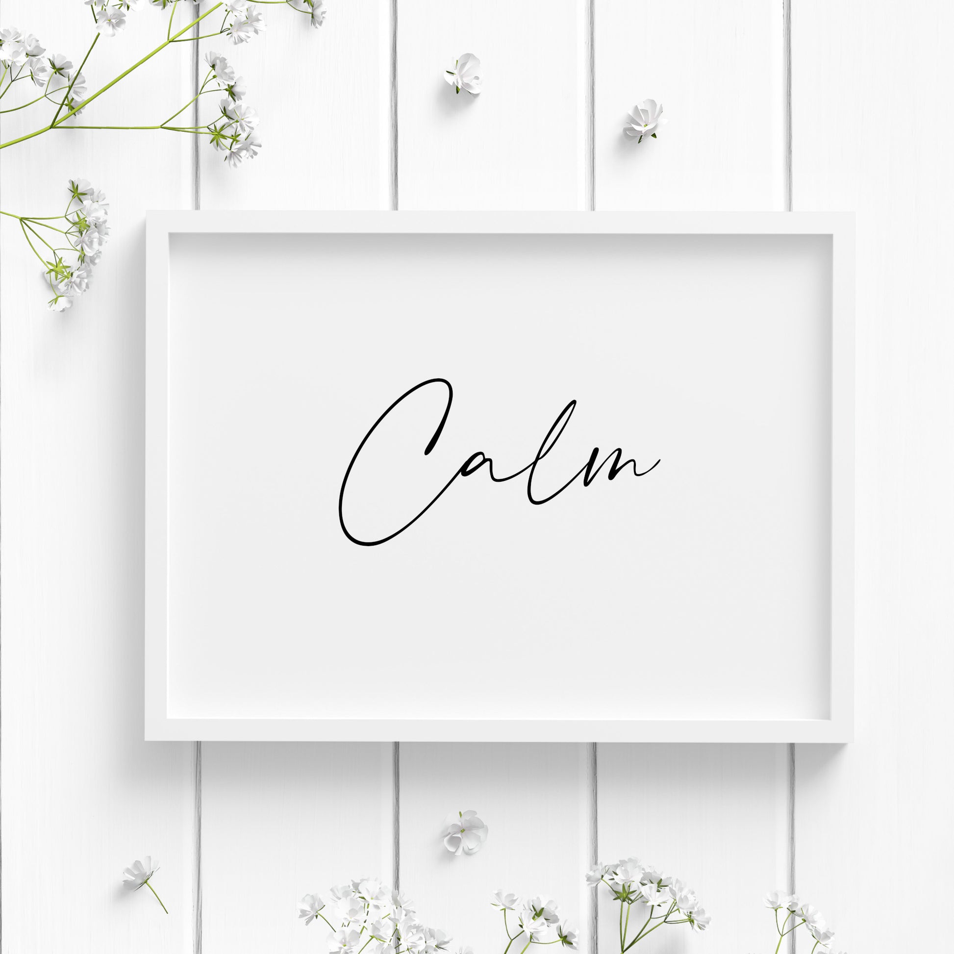 Single landscape print featuring the word "Calm". Text is black on a white background and in an elegant script font.