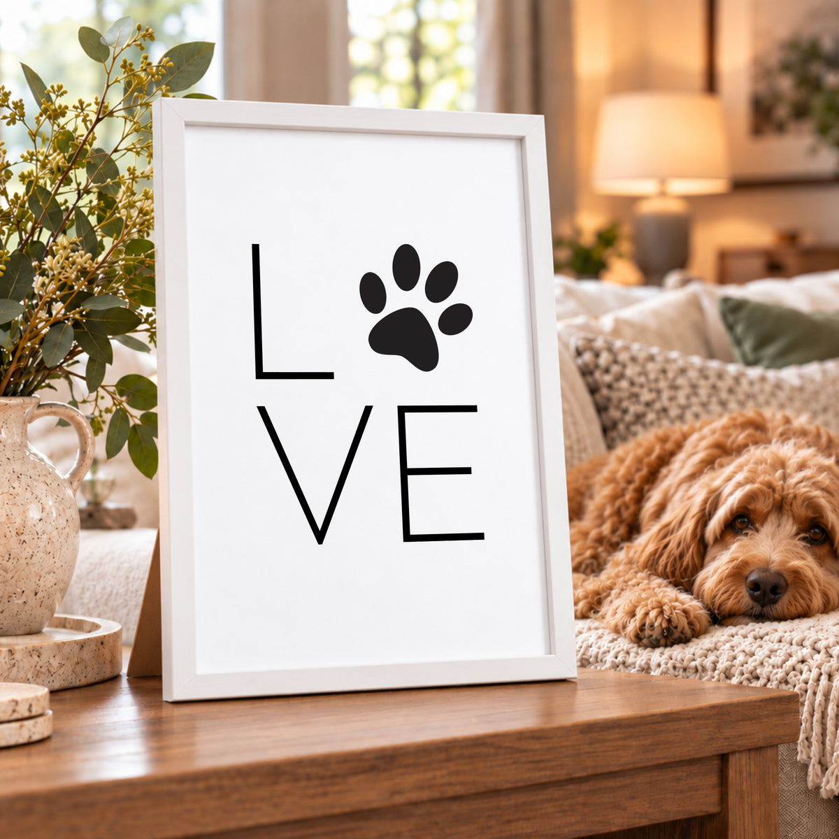 Minimalist dog love wall art featuring the word "LOVE" in bold black typography, with a black dog paw print replacing the letter O. Simple black and white dog lover print with a clean contemporary design.