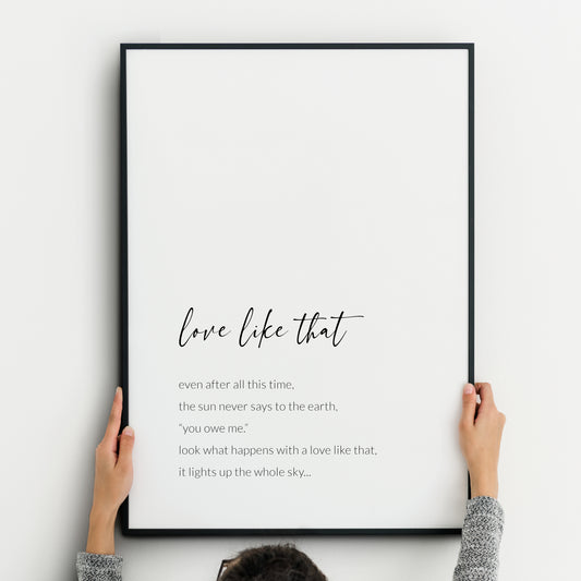 Single portrait typography print featuring a romantic quote from Haziz. The title of the print (love like that) is in a modern script font. Quote text in a crisp sans serif font. All text is lower case, black on a white background and left-aligned.