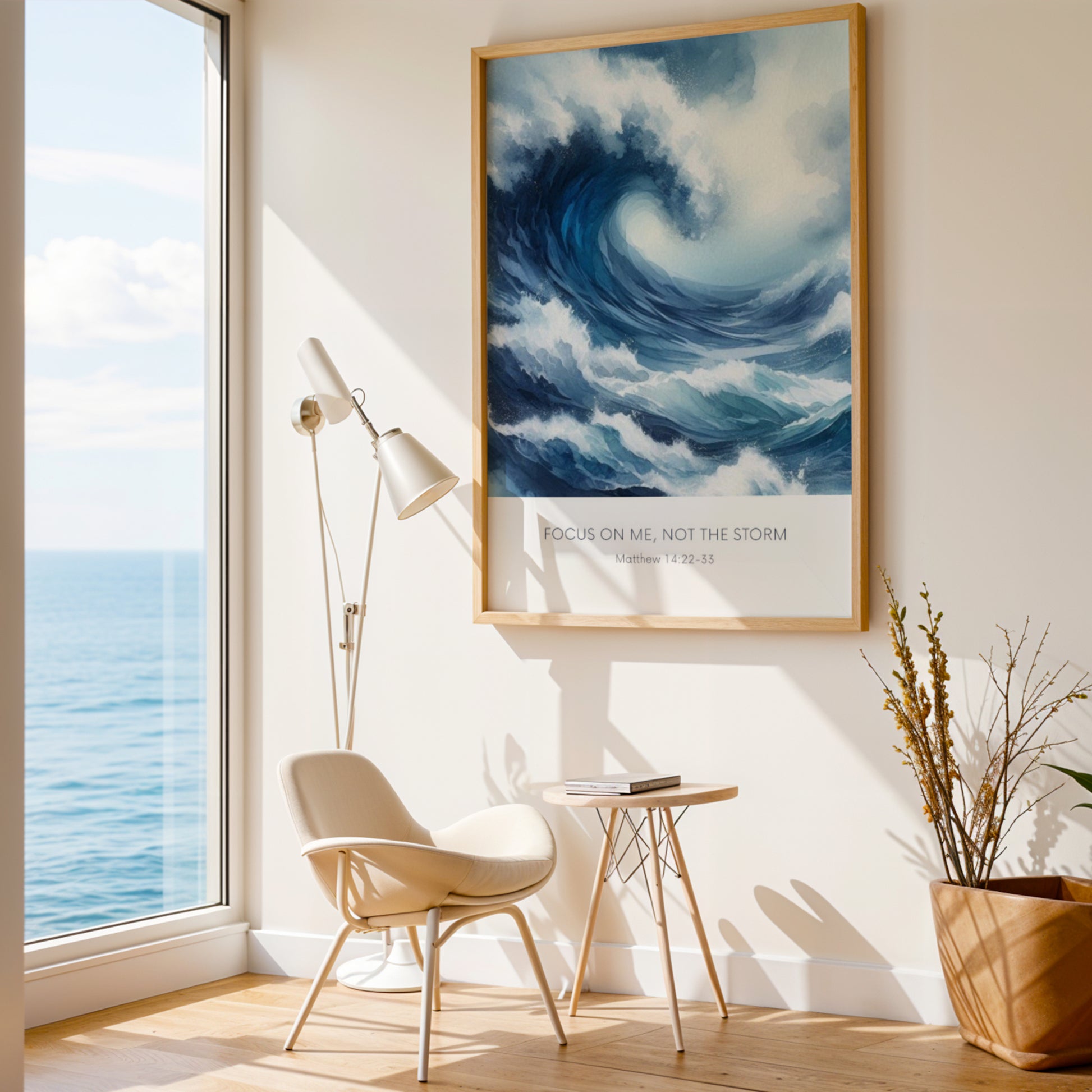 Single portrait illustrated print. Illustration is of a stormy sea showing a large crashing way in moody shades of blue and white. A bible verse is positioned below, reading: Focus on me, not the storm. An attribution to Matthew 14:22-33 is positioned below that again. All text is centre-aligned and in a sans serif font. Text is dark blue on a white background. Styling is contemporary and elegant.