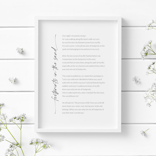 Single portrait print of Footprints In The Sand. Title is positioned vertically to the left of the body, and is in a modern script font with trailing edges beginning and end. Body s in a crisp sans serif font. All text is black on a white background.