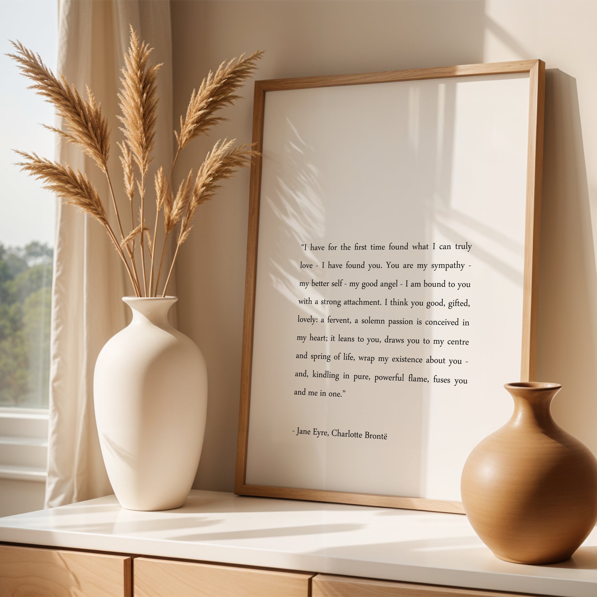 Single portrait typography print featuring a romantic passage from Charlotte Bronte's Jane Eyre. Text begins: I have for the first time found what I can truly love - I have found you... An attribution is displayed below the body copy. Text is in a classic, sentence case, serif font. Text is full justified and black on a white background. Styling is elegant.