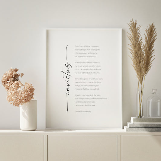 Single portrait typography print featuring the poem Invictus by William Ernest Henley. The title is in positioned vertically to the left of the poem and in a modern script font. The body copy and attribution below is in a lightweight sentence case sans serif font. Text is black on a white background.
