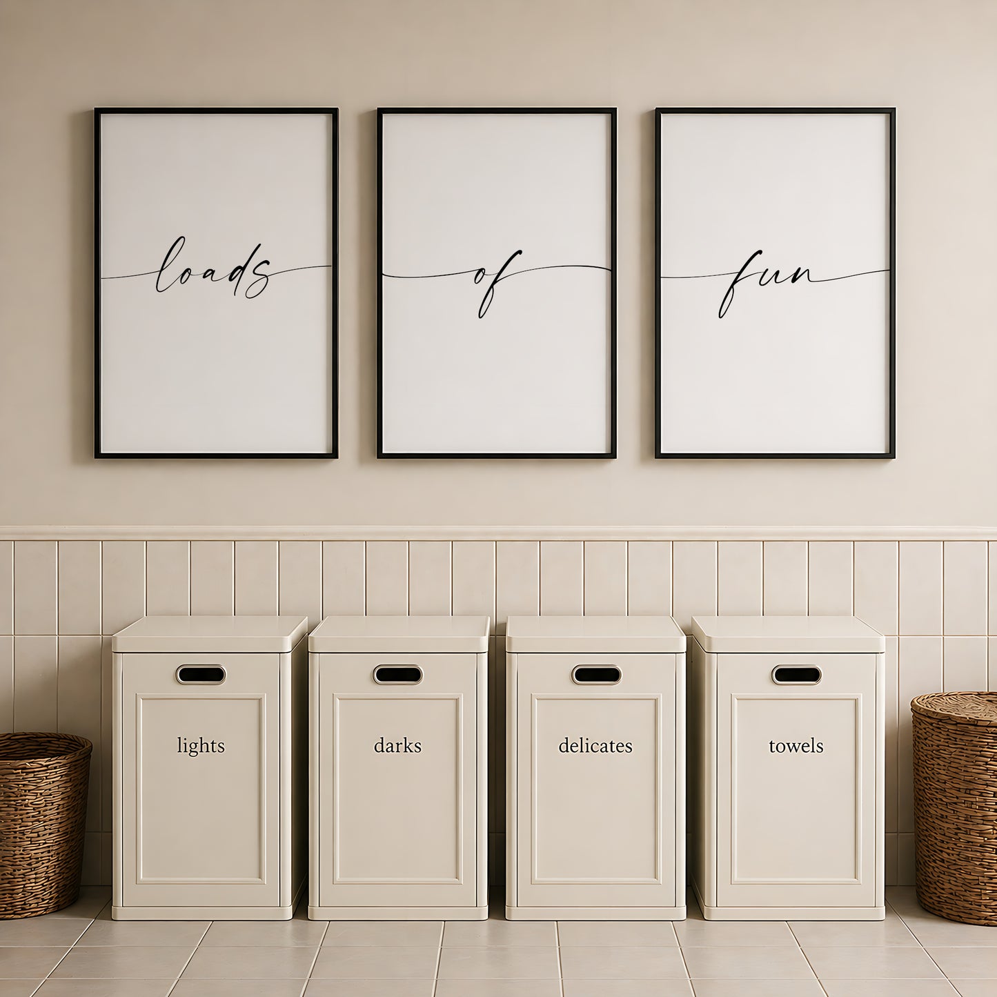 Set of 3 typography prints. Text across them reads: loads of fun. A modern script font in lower case is used. Each word has trailing and leading edges, giving the impression of connectedness across the 3 prints. Text is black on a white background.