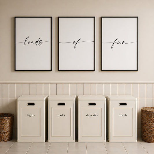 Set of 3 typography prints. Text across them reads: loads of fun. A modern script font in lower case is used. Each word has trailing and leading edges, giving the impression of connectedness across the 3 prints. Text is black on a white background.