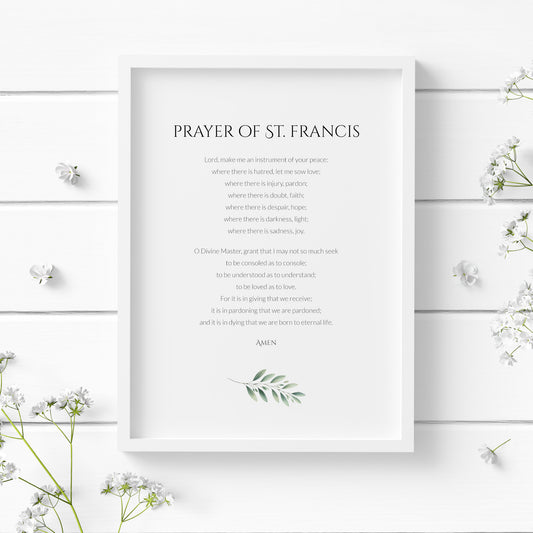 Single portrait print featuring St. Francis of Assisi&#39;s Prayer for Peace. Title is in a formal upper case serif font. Body is in a crisp sans serif font. Text is black on a white background. A small olive illustration is positioned below the text.