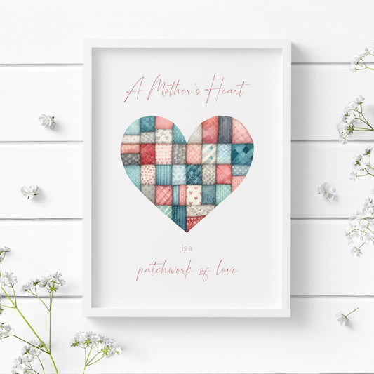 Single portrait print featuring the quote "A Mother's Heart Is A Patchwork Of Love". Text is pink and in modern script font. A large patchwork heart in shades of blue and pink sits centrally in the print, with the text above and below.