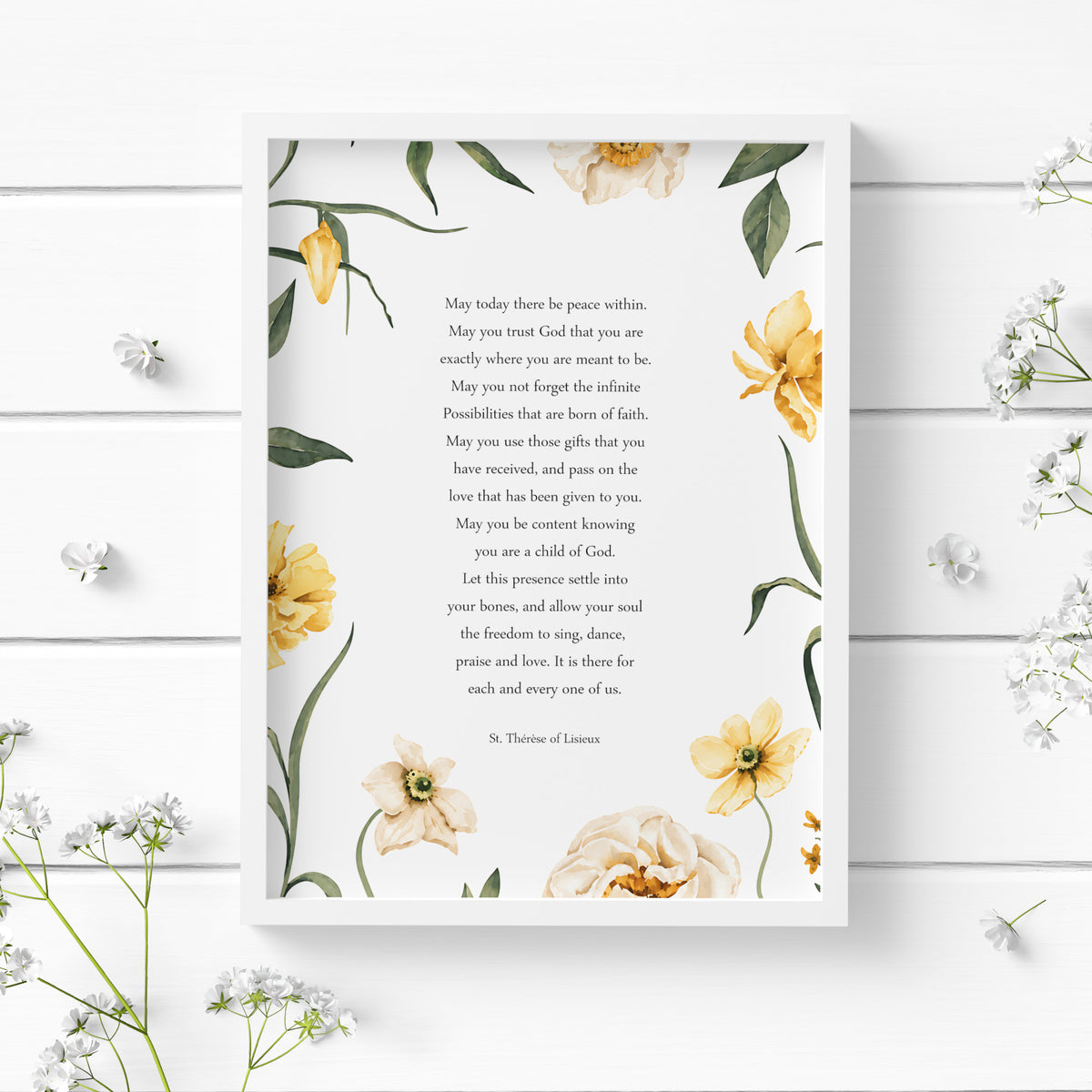 Single portrait print featuring the Prayer Of St Therese of Lisieux. Text is in a delicate serif font, centre-aligned, black on a white background. The verse is framed by a delicate watercolour-style illustration of flowers and foliage in soft yellow and green tones.