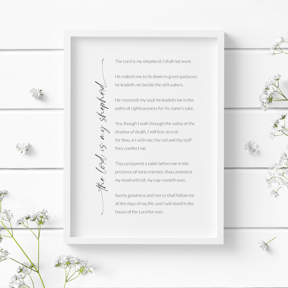 Single portrait print of Psalm 23, The Lord Is My Shepherd. Title is positioned vertically to the left of the body, and is in a modern script font with trailing edges beginning and end. Body s in a crisp sans serif font. All text is black on a white background.
