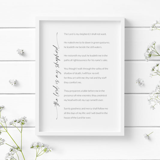 Single portrait print of Psalm 23, The Lord Is My Shepherd. Title is positioned vertically to the left of the body, and is in a modern script font with trailing edges beginning and end. Body s in a crisp sans serif font. All text is black on a white background.
