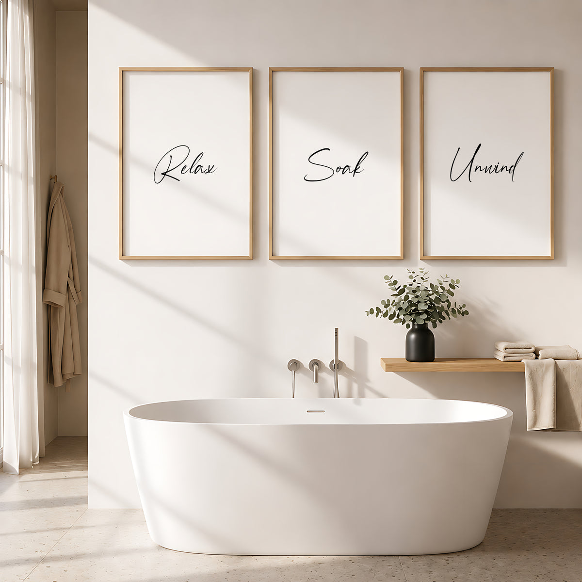 Set of 3 portrait typography prints for the bathroom. Quote across the 3 reads Relax Soak Unwind, with 1 word on each print. An elegant script font. The perfect gift for anyone who loves a bubble bath!