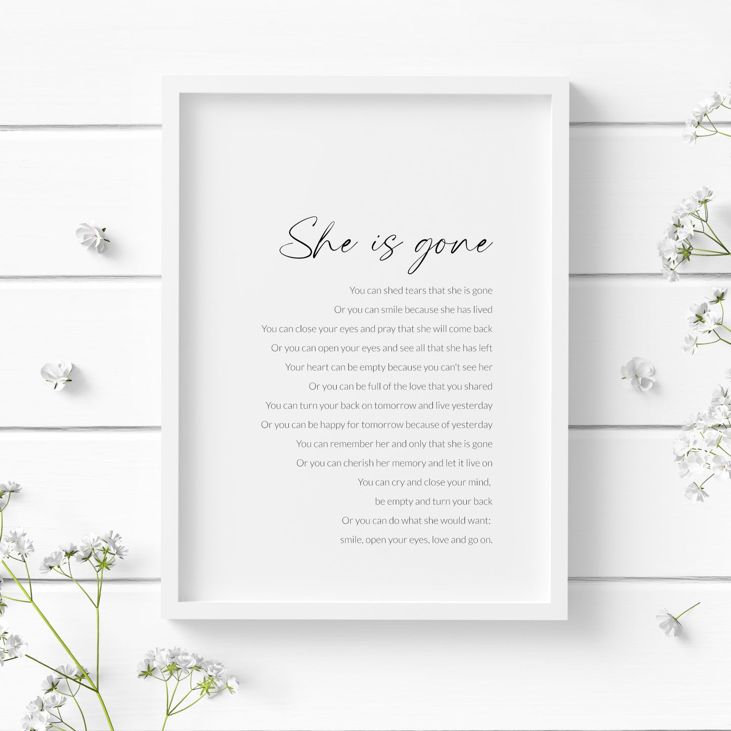 Single portrait typography print featuring the poem She Is Gone by David Harkins. Title is in a modern script font and body in a lightweight sans serif font. All text is black on a white background and right-aligned. Styling is elegant.