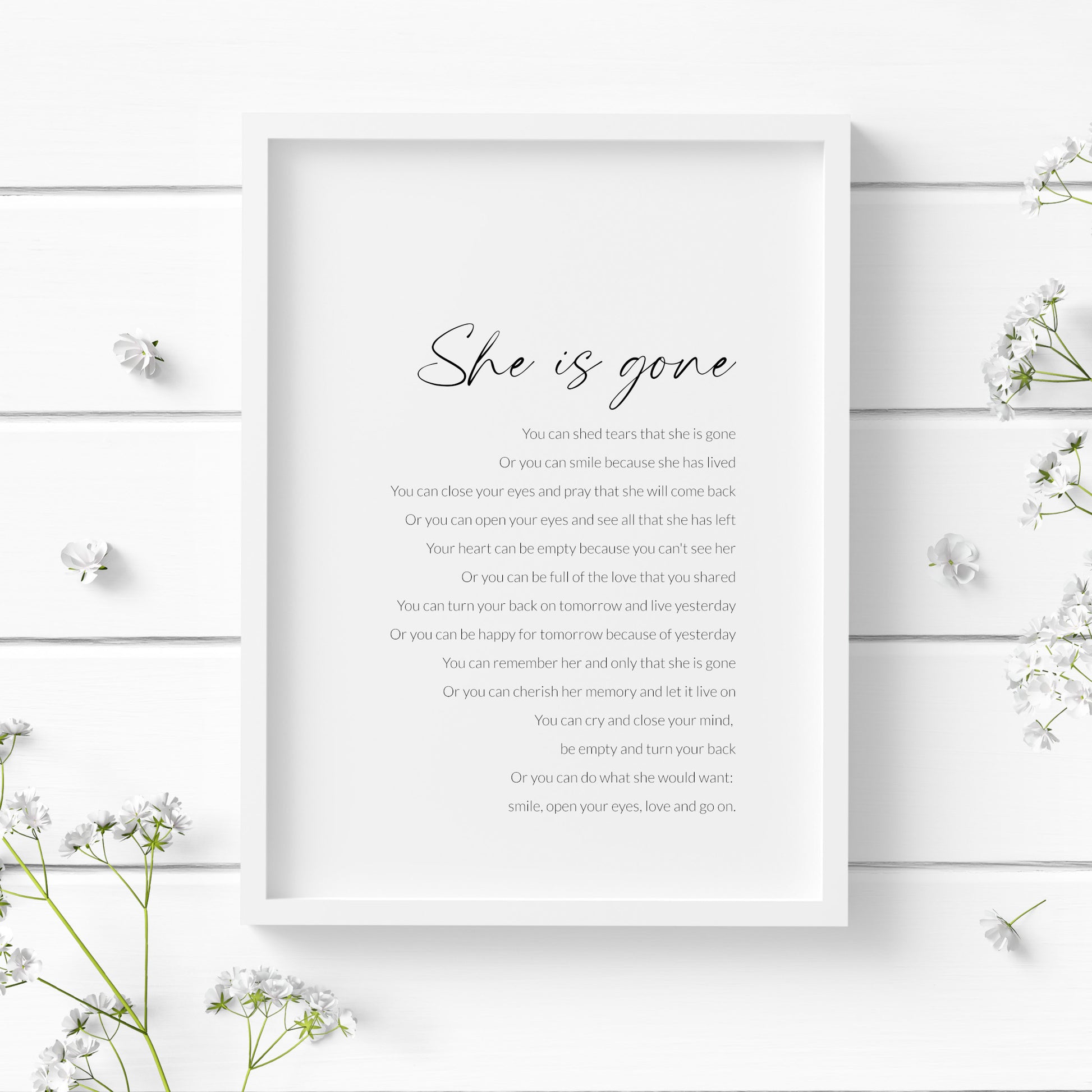 Single portrait typography print featuring the poem She Is Gone by David Harkins. Title is in a modern script font and body in a lightweight sans serif font. All text is black on a white background and right-aligned. Styling is elegant.