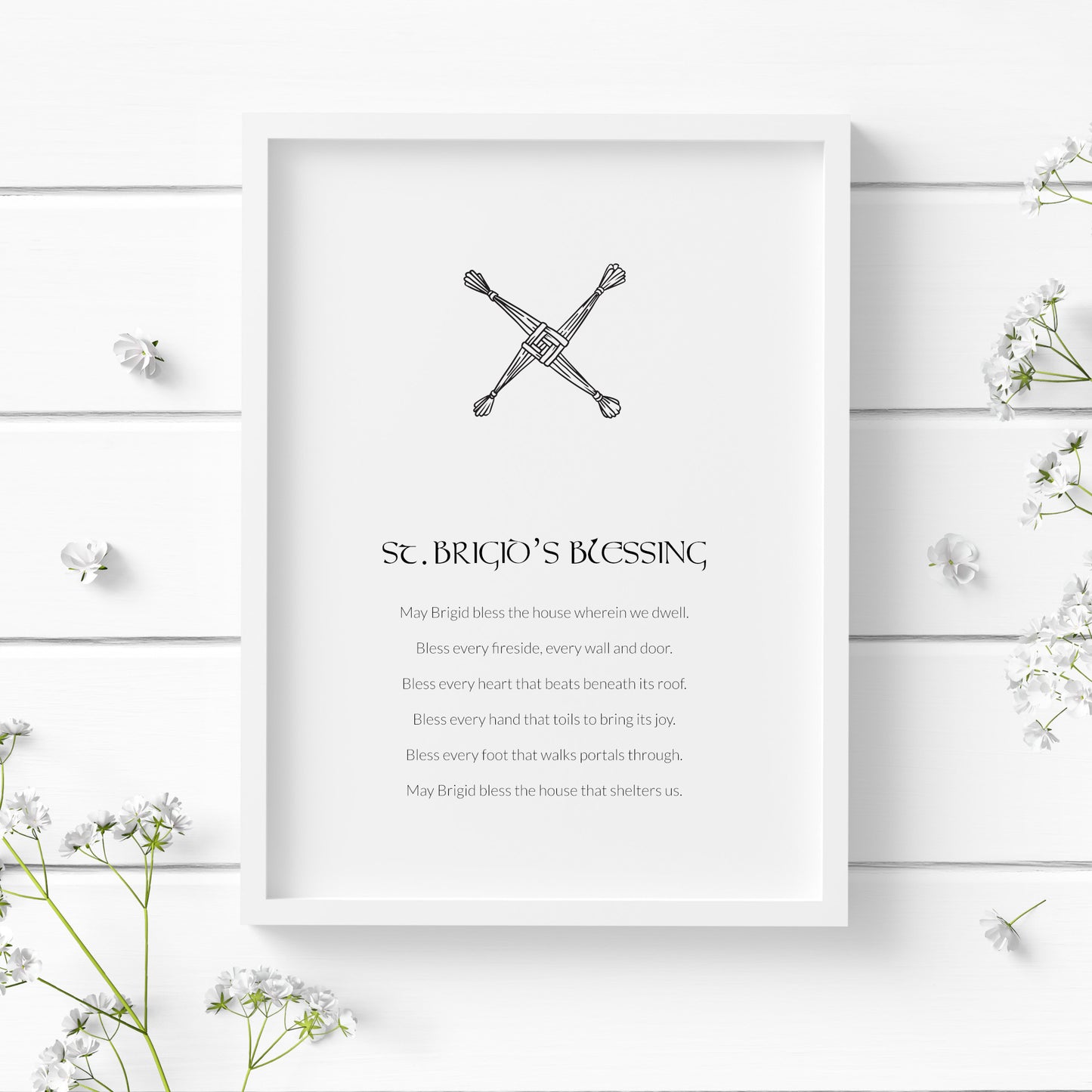 Single portrait print of St. Brigid's Prayer for a home blessing. Title is in a traditional Celtic font, body is in a sans serif font. Text is black on a white background. An outline illustration of a St. Brigid's cross sits above the text.