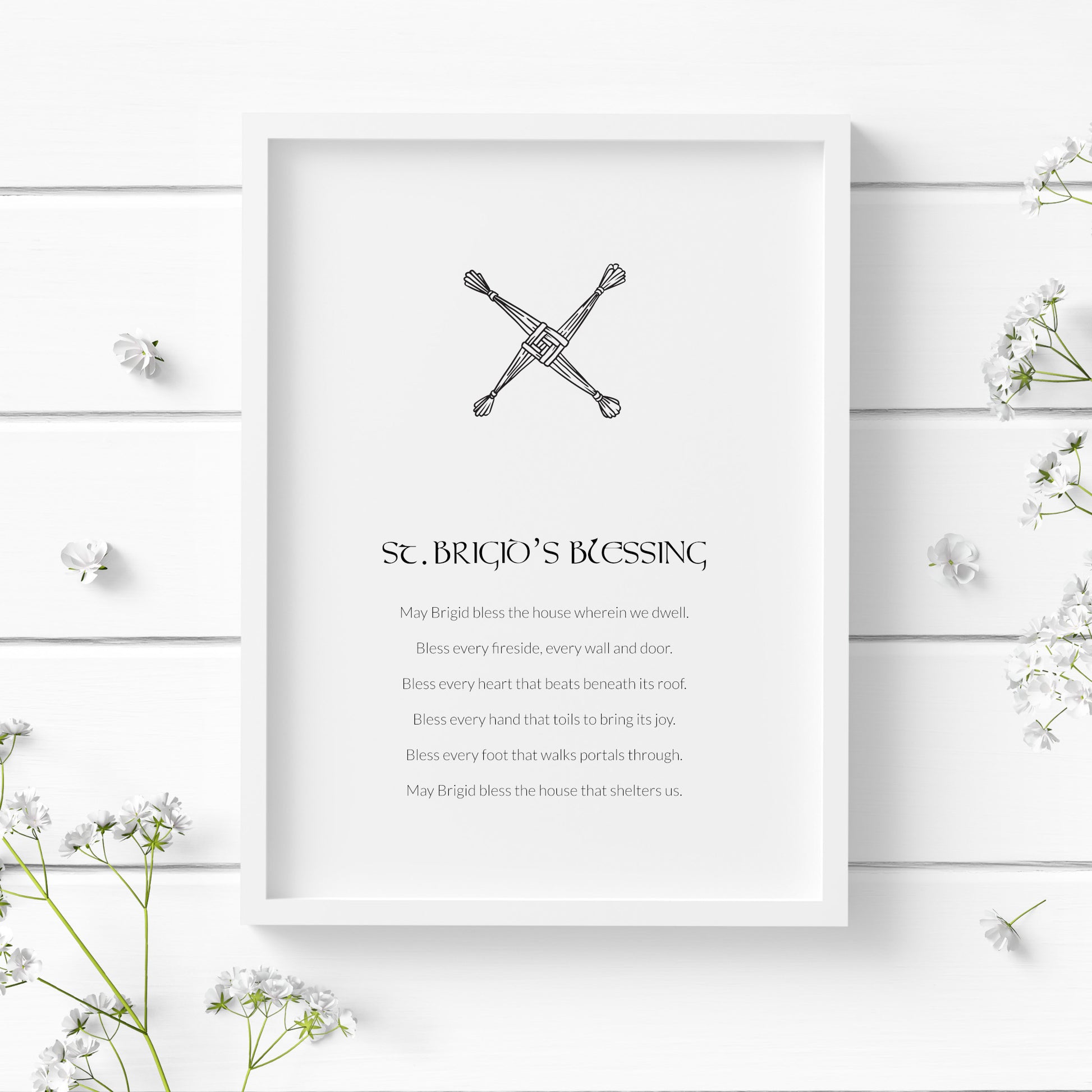 Single portrait print of St. Brigid's Prayer for a home blessing. Title is in a traditional Celtic font, body is in a sans serif font. Text is black on a white background. An outline illustration of a St. Brigid's cross sits above the text.