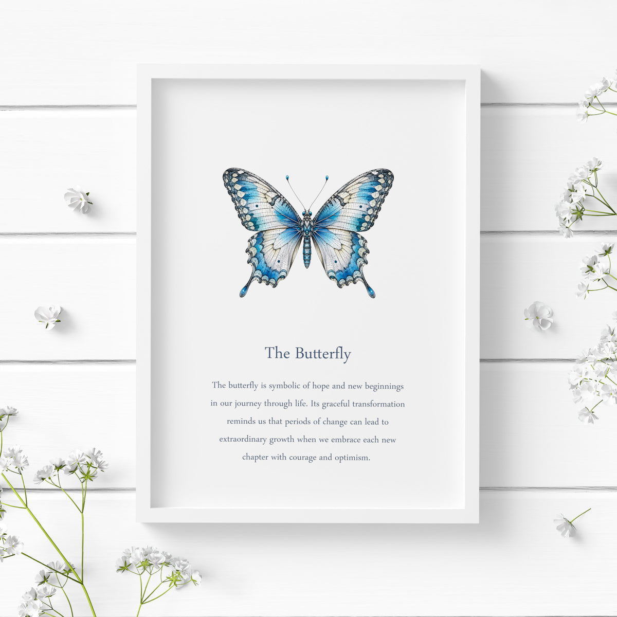 "The Butterfly" meaning and symbolism print featuring a detailed blue, white and black butterfly illustration with outstretched wings above centred blue-grey serif typography. The text explores the butterfly as a symbol of hope, transformation, personal growth and new beginnings on a white background.