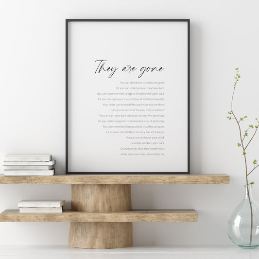 Single portrait typography print featuring the poem They Are Gone by David Harkins. Title is in a modern script font and body in a lightweight sans serif font. All text is black on a white background and right-aligned. Styling is elegant.