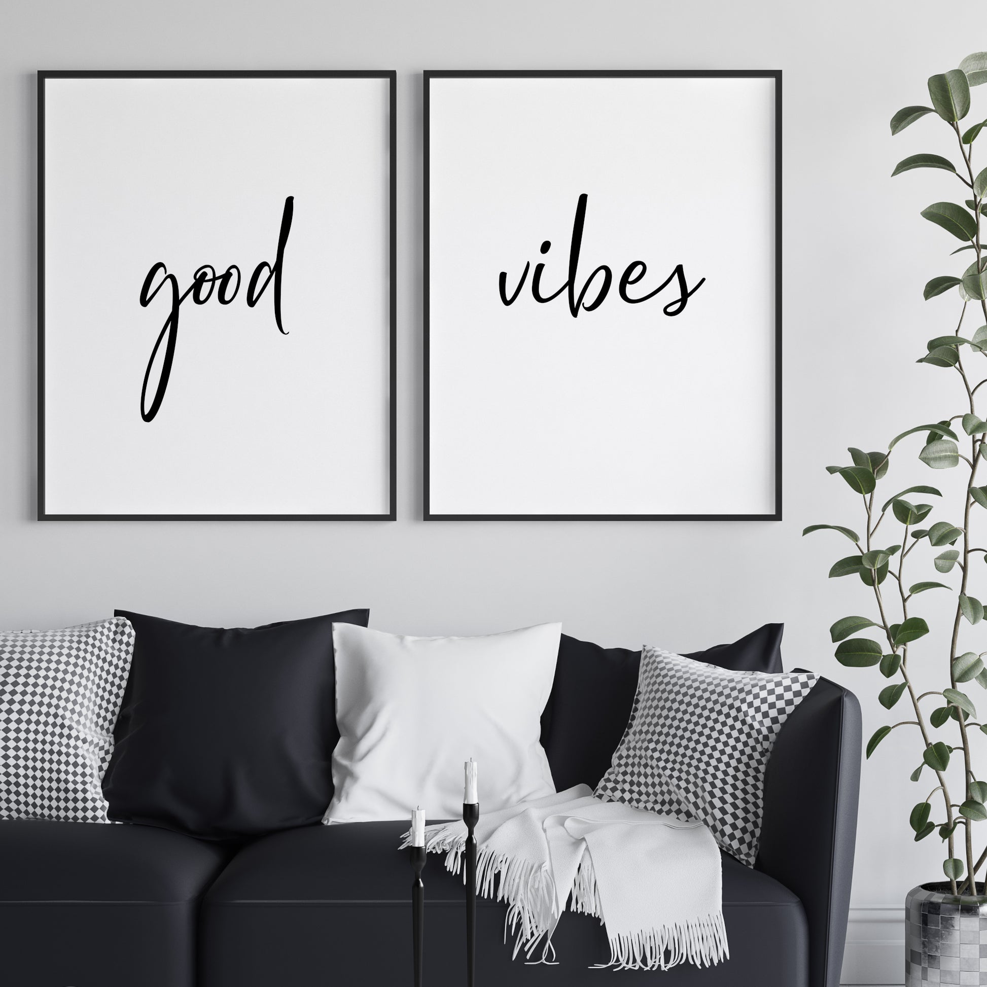 Set of 2 portrait typography prints. Text reads "good vibes", with one word on each print. The text is positioned prominently in a stylish script font. Text is black on a white background.