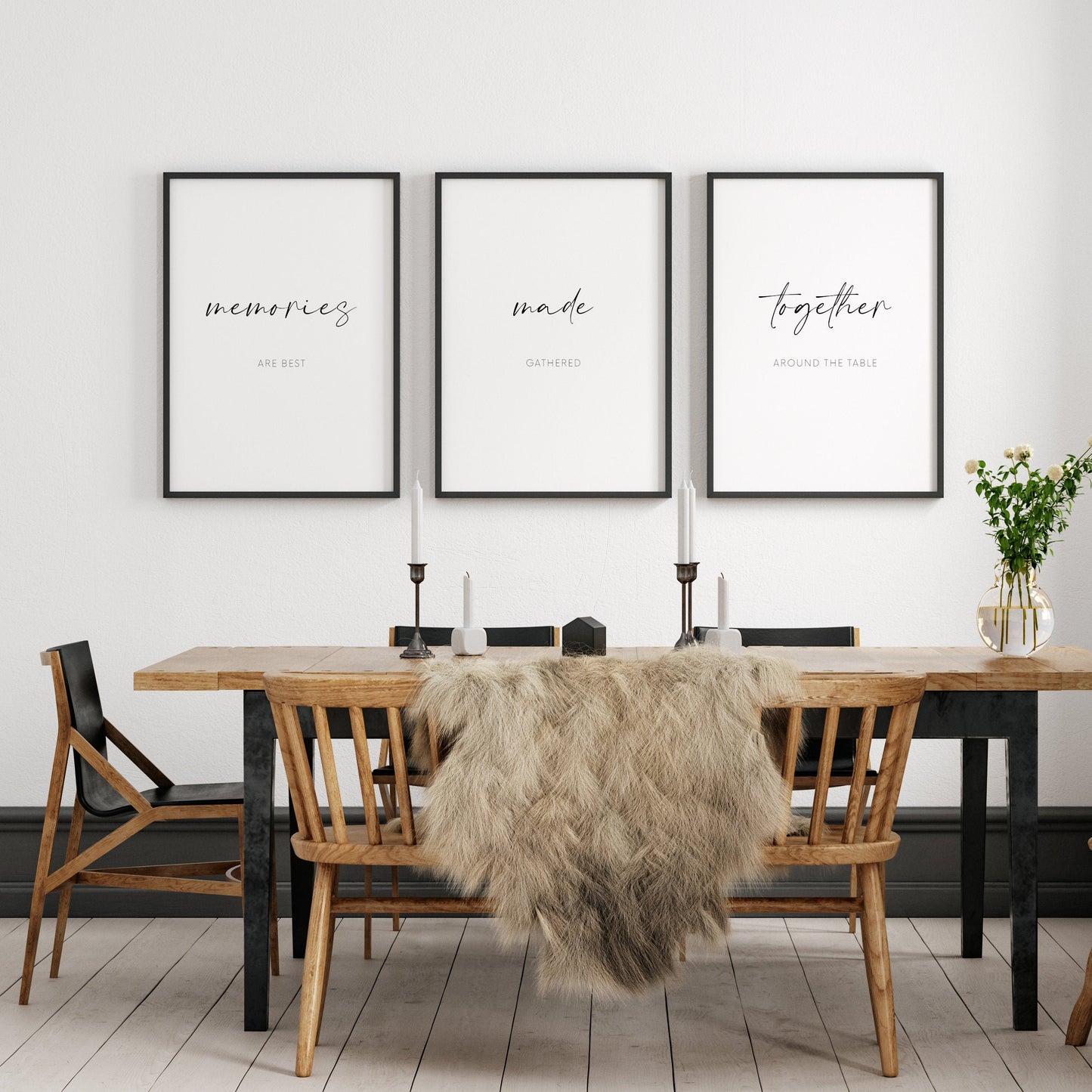 Set of 3 typography prints shown framed in a dining room setting. Text across the 3 reads Memories are best made gathered together around the table, with the words memories made together displayed prominently in an elegant script font.